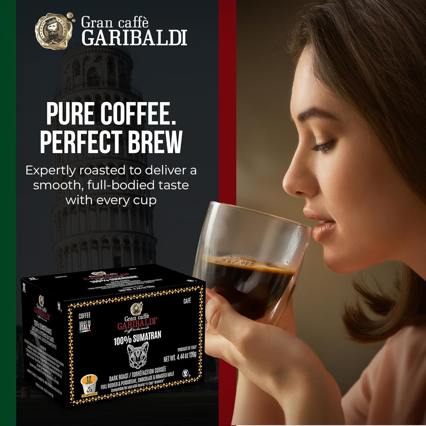 Caffè Garibaldi Sumatran Coffee Pods, Single-Serve Capsules for Keurig K-Cup Brewers, 100% Arabica Blend, Recyclable Pods, 12 Count - Dark Roast