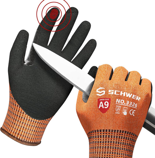 Schwer ProGuard Highest Level Cut Resistant Work Gloves PR3326 for Extreme Protection，ANSI A9 Cut Gloves with Reinforced Thumb, Non Slip, Non PFAS, Durable, Touch-screen, Orange 1 Pair(XXL)