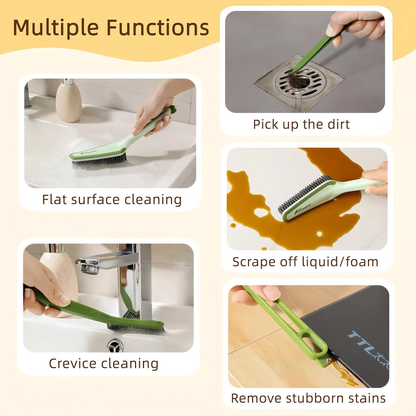 3 in 1 Detachable Household Cleaning Brush, Multifunctional Scrub Brush with Hard Bristle and Handle, Ideal Crevice Grout Scrubber Cleaner for Kitchen, Bathroom, Window, Shoes (Green)
