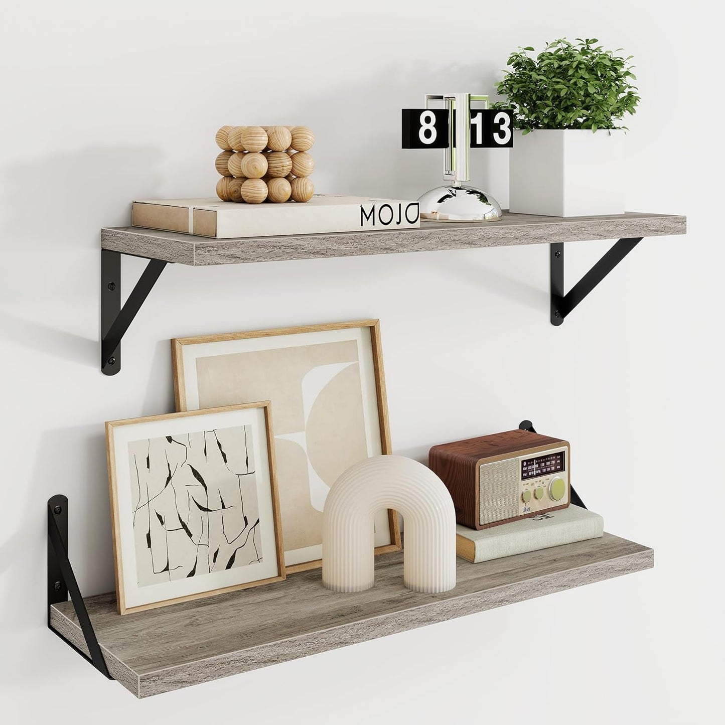 Dreamland Grey Floating Shelves for Wall, 24W x 8D Wall Mounted Shelves Set of 2, Wide Display Ledge Shelf with Sturdy Metal Brackets for Living Room, Bathroom, Bedroom and Kitchen