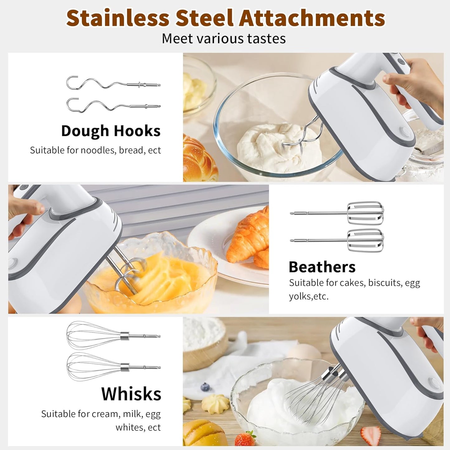 Cordless Electric Hand Mixer: 12 Speeds Powerful Handheld Mixer with 6 Stainless Steel Attachments (2 Beaters, 2 Dough Hooks, 2 Whisks), Snap-On Storage Case & Eject Button (White)