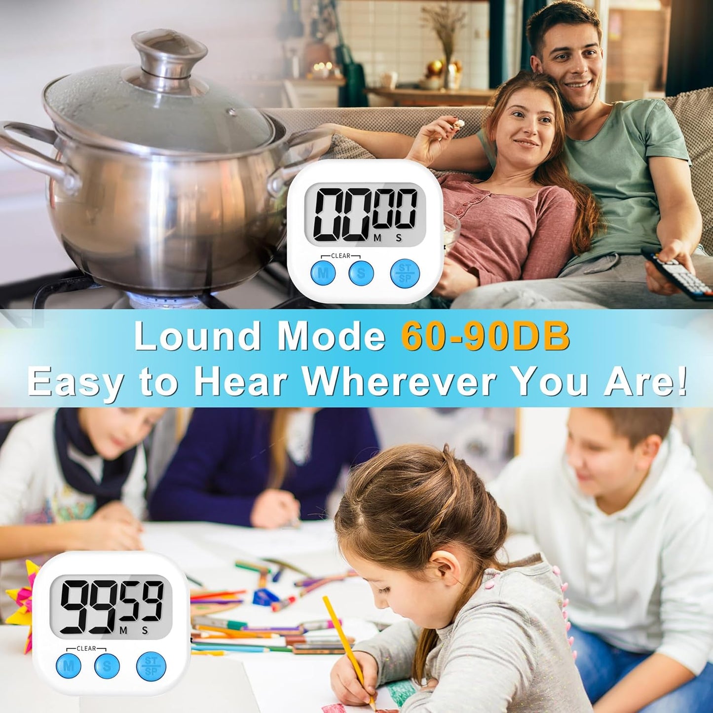 ZILLEEN Kitchen Timer Digital with Magnetic Back for Kids Classroom, White 6 Pack