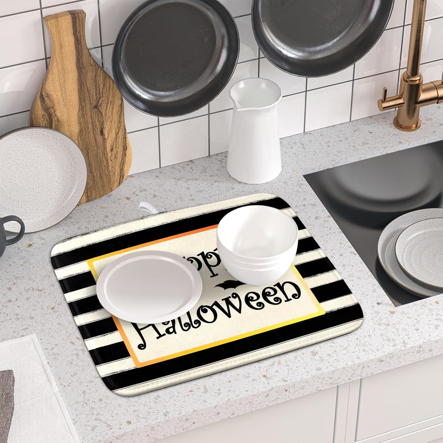 Happy Halloween Bats Dish Drying Mat for Kitchen Counter,Black and White Stripe Drying Mat 16 x 18 Inch with High Absorbent Microfiber Dish Drying Pad Dish Rack Pad Drainer Mat for Coffee Bar