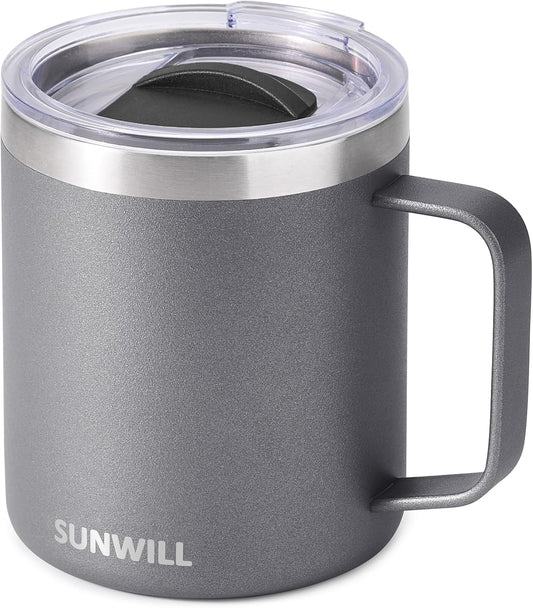 SUNWILL Travel Coffee Mug with Lid, Insulated Tumbler with Handle, 14 oz Stainless Steel Cup for Ice, Water, Tea, Powder Coated Cool Grey