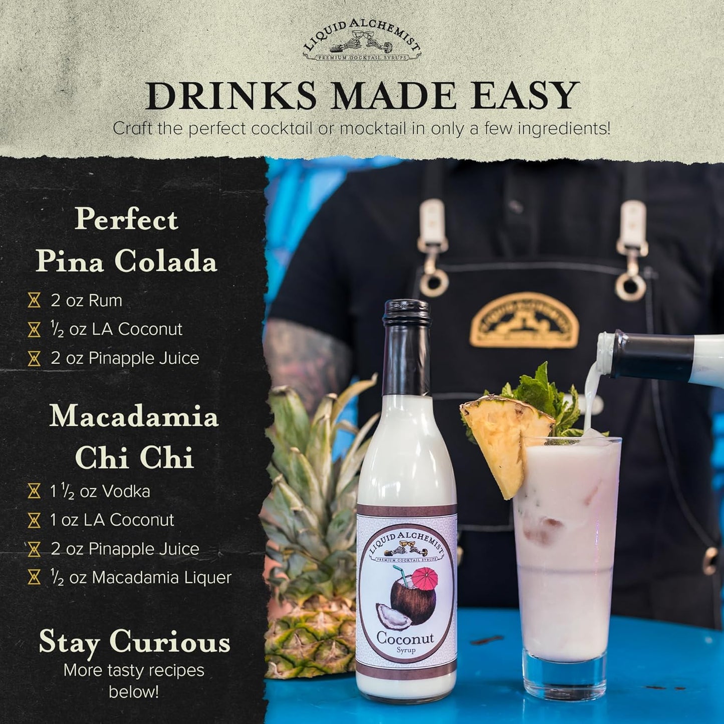 Liquid Alchemist Coconut Syrup for Drinks - Real Ingredients Make our Cream of Coconut Syrup a Perfect Pina Colada Drink Mix - Non-GMO & Vegan (25 oz)