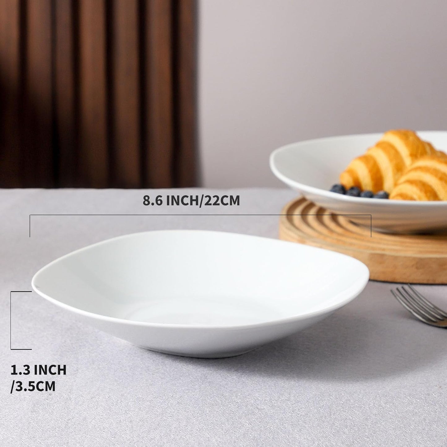 fMBB Ceramic Large Soup Bowls, 8.6 Inches, Modern 4-Piece Deep Salad Plates Set, Porcelain Square Plates, for Fruit, Cereal, Dessert, Snack - White