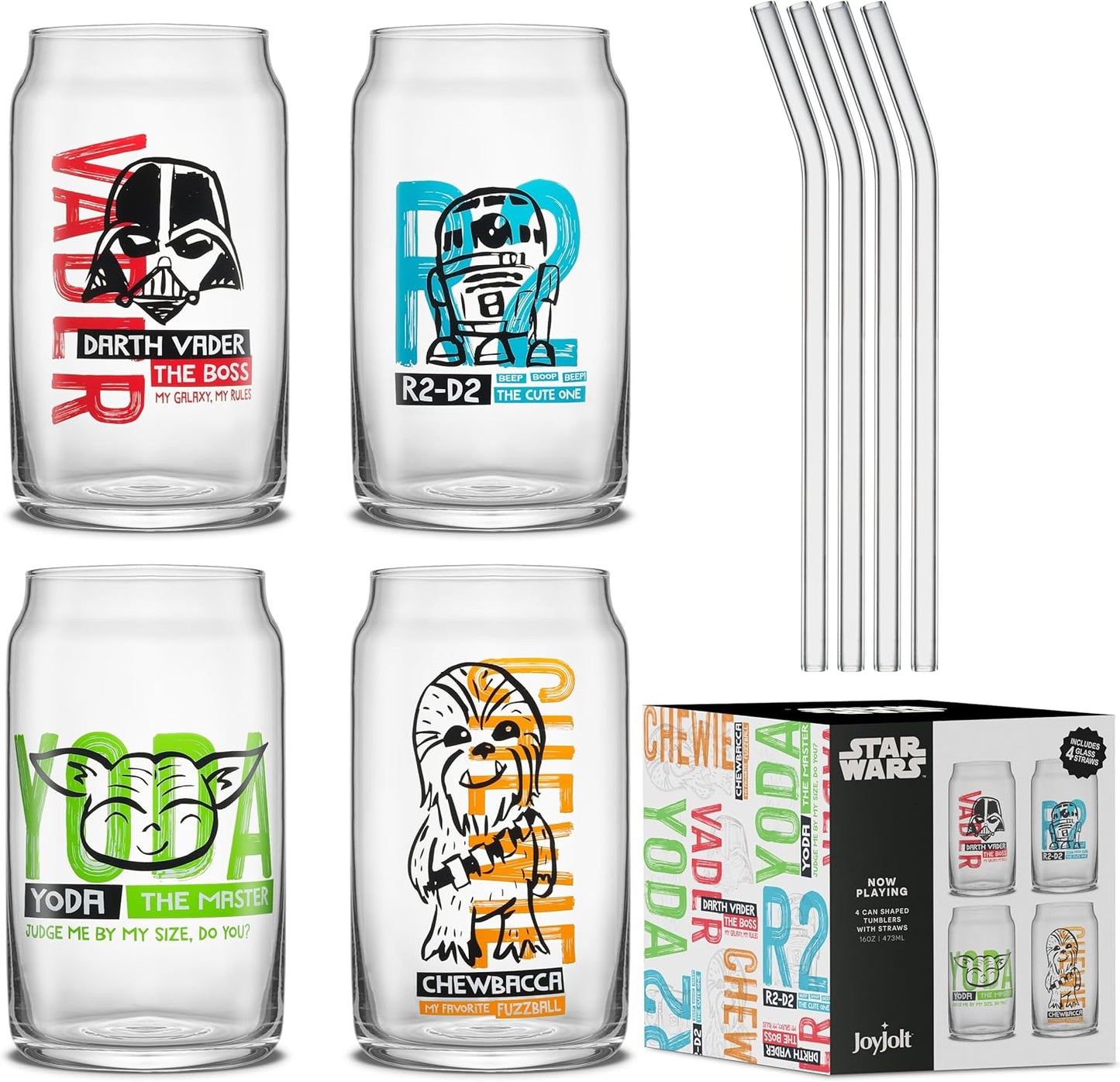 JoyJolt Star Wars Now Playing Collection Tumblers, 16.9oz Classic Can Shape Glass Tumbler Set of 4 w/Glass Straws