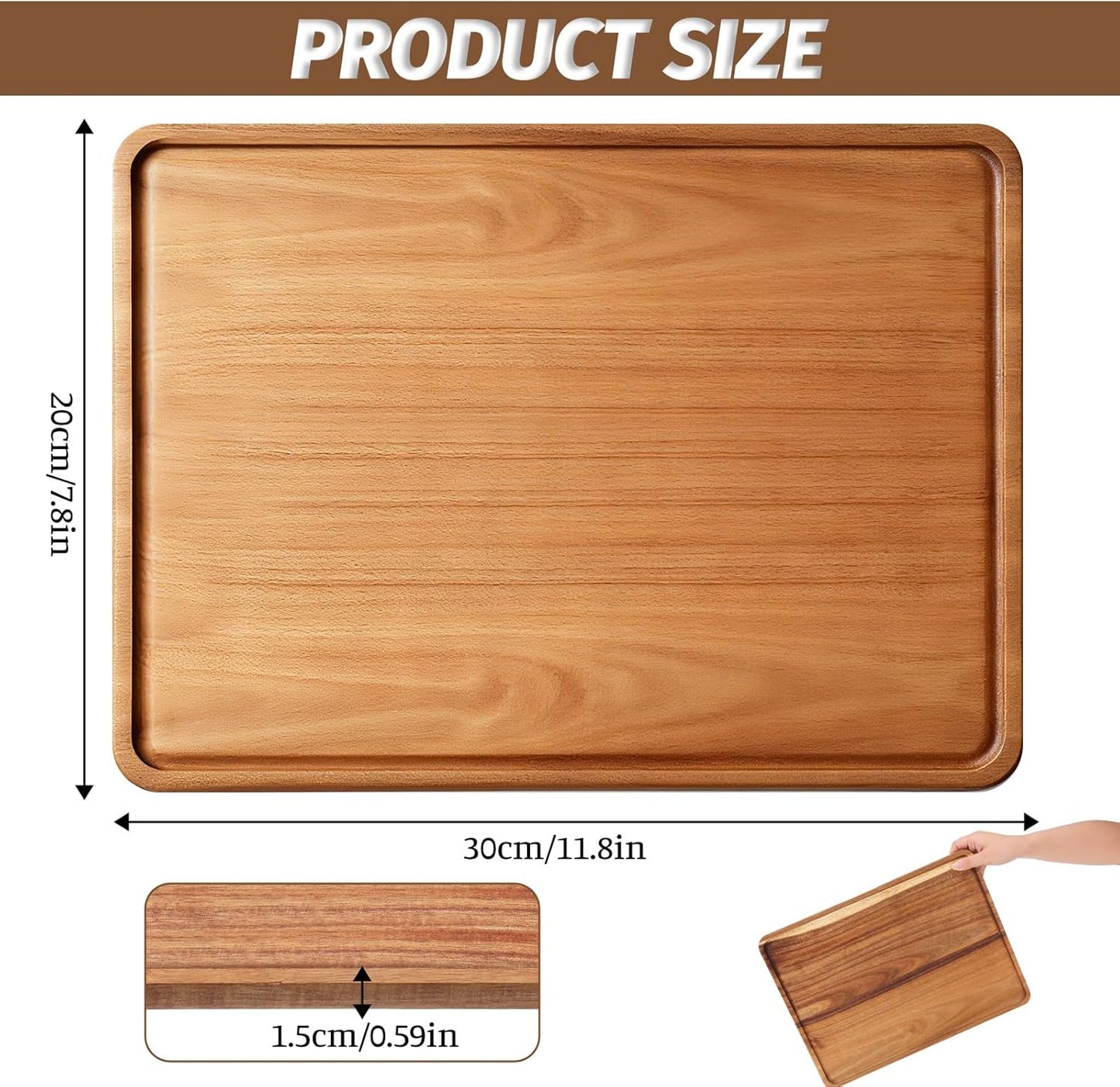 2 PCS 16 x 12 in Large Solid Acacia Rectangular Wood Serving Trays Natural Wooden Boards Serving Platters for Bar Coffee Party Dessert Tray