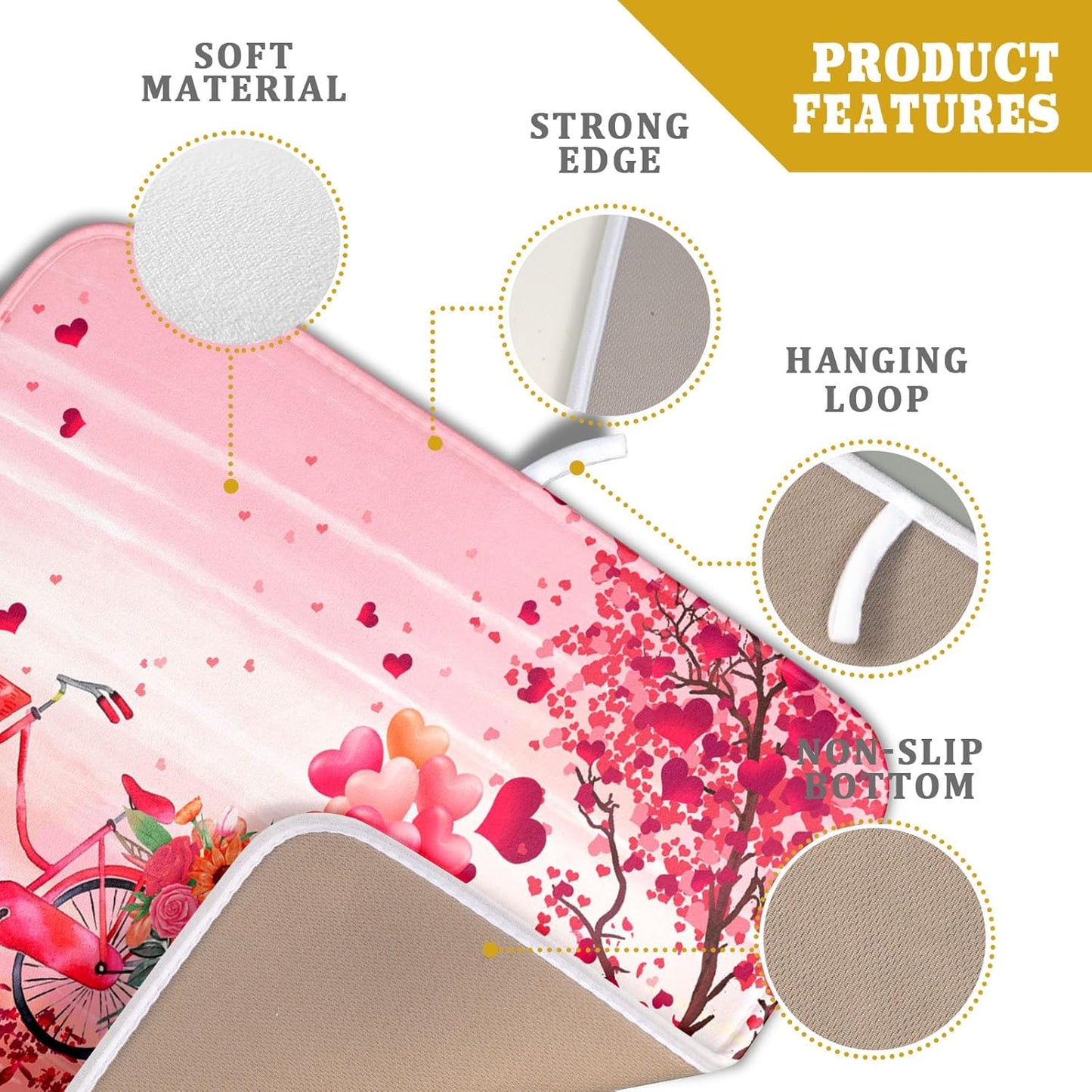 Pink Heart Valentine's Day Gnomes Dish Drying Mat for Kitchen Counter,Pink Bicycle Love Tree Drying Mat 16 x 18 Inch with Absorbent Reversible Microfiber Dish Drying Pad Dish Rack Pad for Coffee Bar