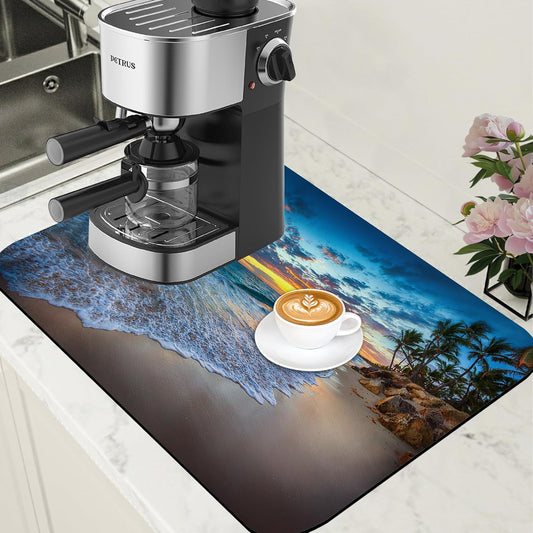 Sunrise over the Beach Coffee Mat Absorbent Dish Drying Mat for Kitchen Counter Hide Stain Rubber Backed Coffee Bar Accessories Fit Under Espresso Machine Cafe Table, 15.7 x 23.6 Inch