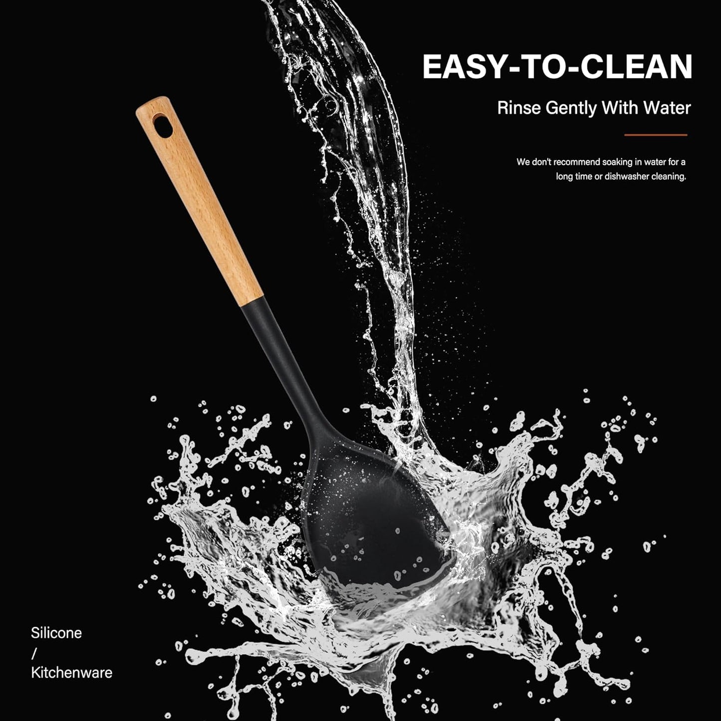 Silicone Cooking Utensils Set, Heat Resistance Large Kitchen Utensils Set with Long Wooden Handle, BPA-free Silicone Spatula, 6 Pcs Cooking Spoons for Non Stick Frying Pans and Pots（Black）