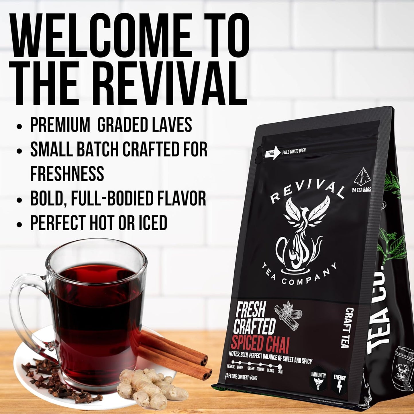 Revival Tea Company Fresh Crafted Spiced Chai Tea - Black Tea Blend with Fresh Spiced Chai Flavor - 24 Tea Bags