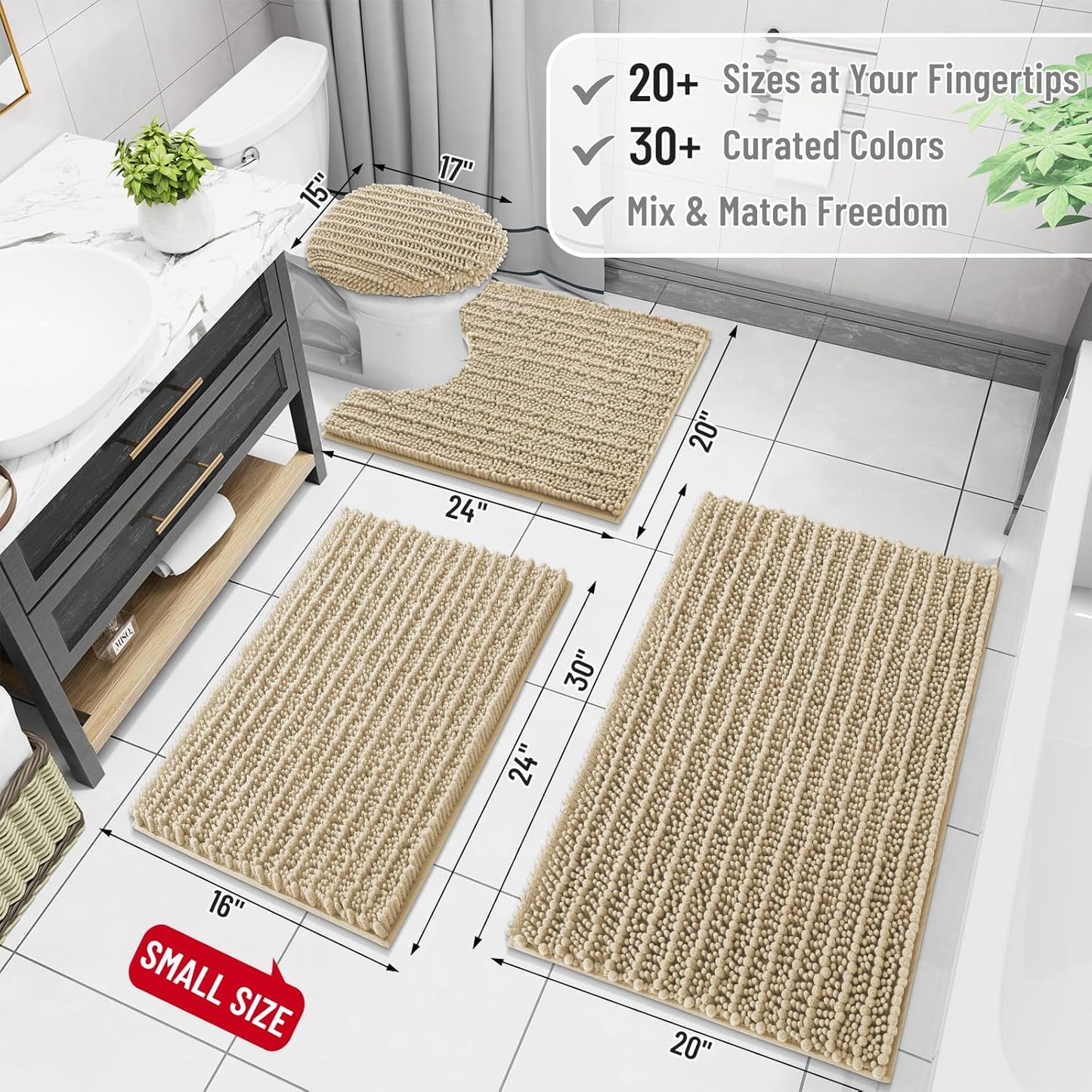 Arotive Luxury Chenille Bathroom Rug Mat, Extra Soft Thick Absorbent Shaggy Bath Rugs, Non-Slip Machine Wash Dry, Plush Bath Mats for Bathroom, Shower and Tub, 47x17, Beige