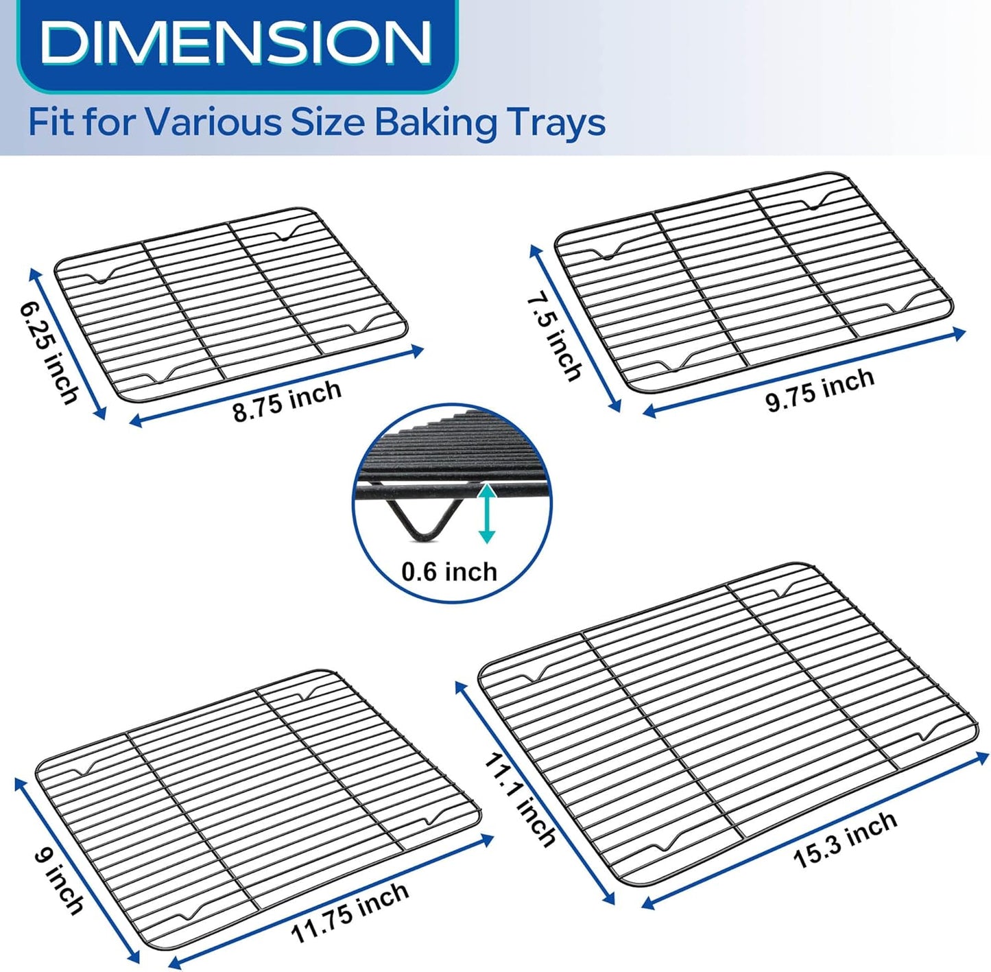 TeamFar Cooling Rack Set of 4, Stainless Steel Black Non-Stick Coated Various Size Wire Baking Roasting Rack for Baking Sheet Toaster Oven Pan, Non-Toxic & Non-Stick, Heavy Duty & Easy Clean