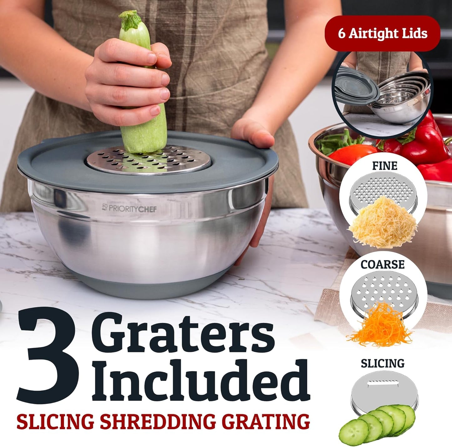 Priority Chef 6Pc Large Mixing Bowls With Lids Set with Non-Slip Bases, Stainless Steel Mixing Bowl Set, 6 Airtight Lids and 3 Graters, Grey