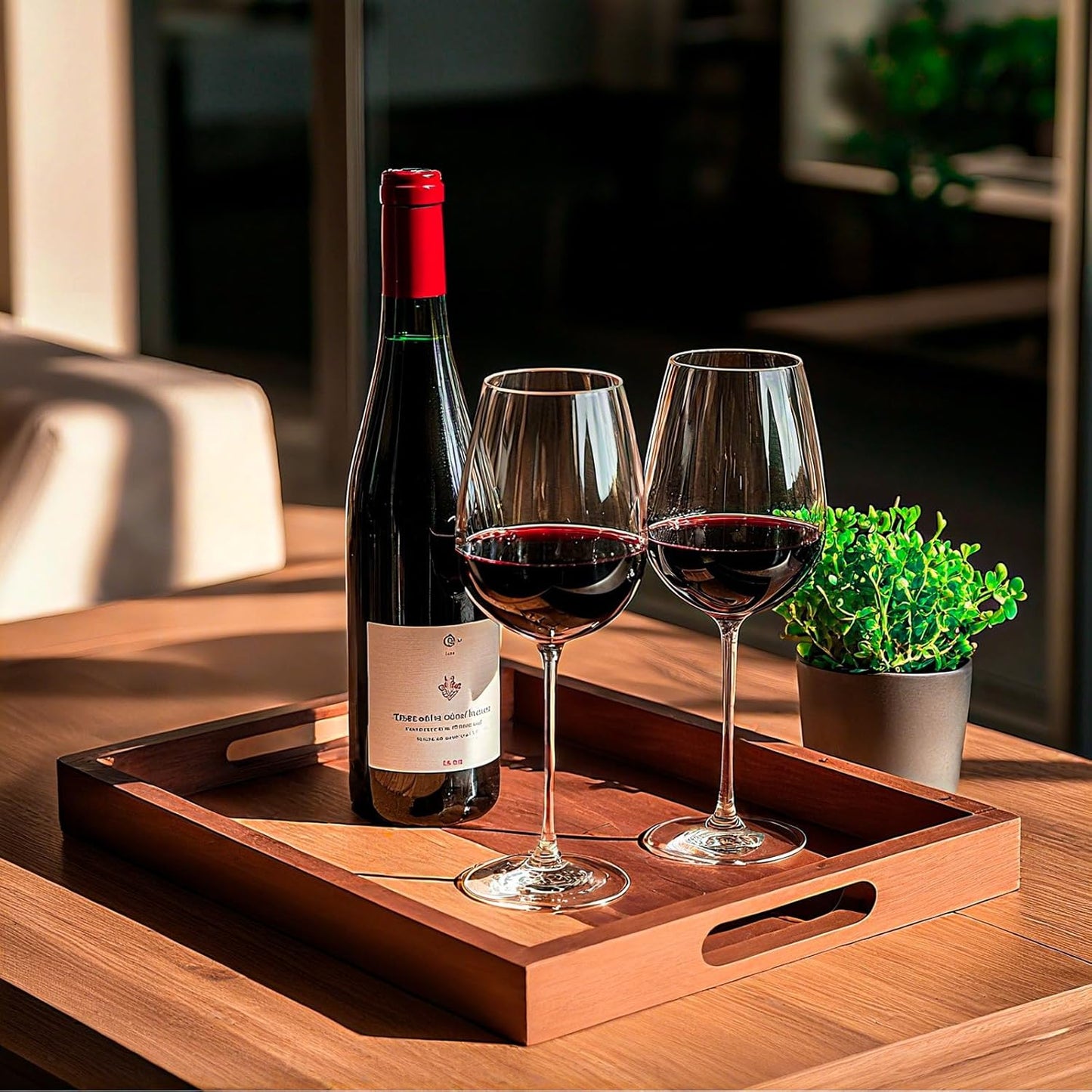 2 Pack Acacia Wood Serving Trays with Handles, 2 Sizes 17x13 & 16x12 inch Portable Ottoman Trays, Rectangular Wooden Tray Set for Food, Home Decor, Coffee Table, Living Room, Kitchen, 17"+16"