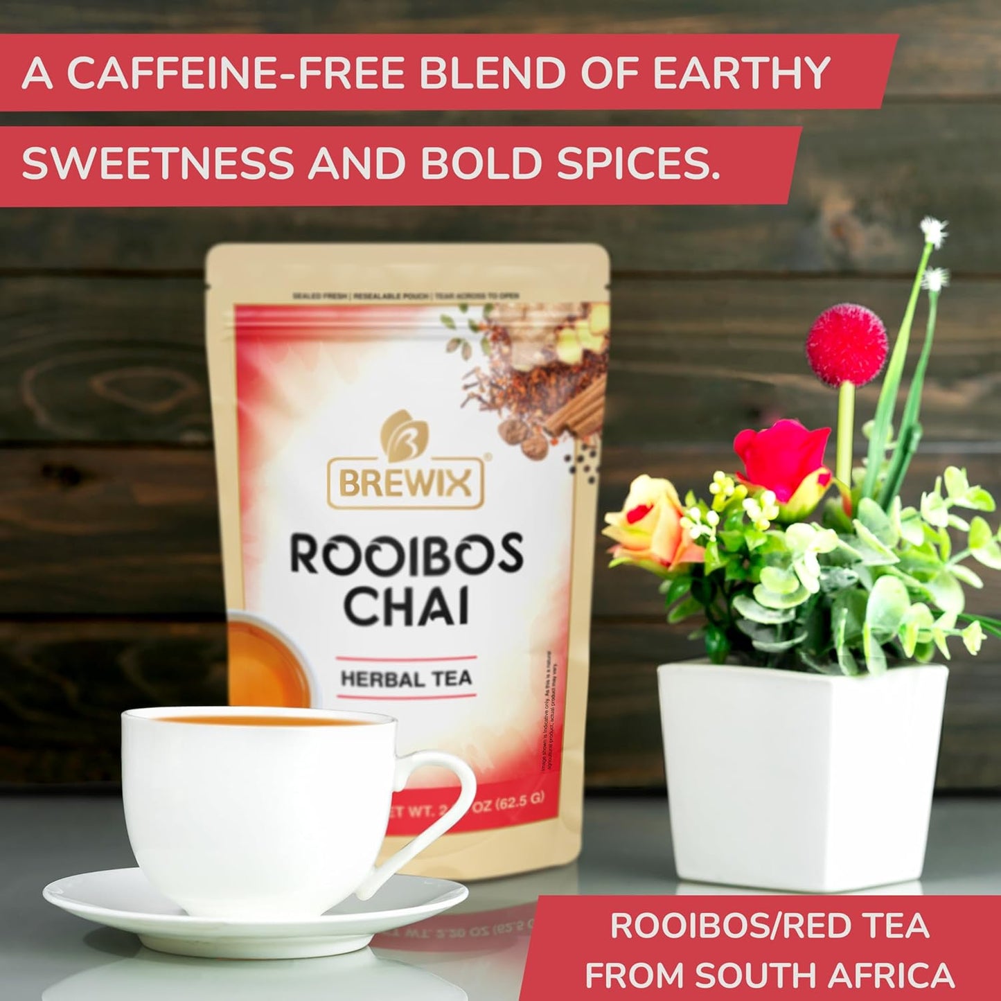 BREWIX, Rooibos Chai Tea Bags (25 Pyramid Tea Bags) Caffeine-Free, Herbal Tea, South African Red Tea | Rooibos, Cardamom, Cinnamon, Black Pepper, Nutmeg, Ginger & Clove
