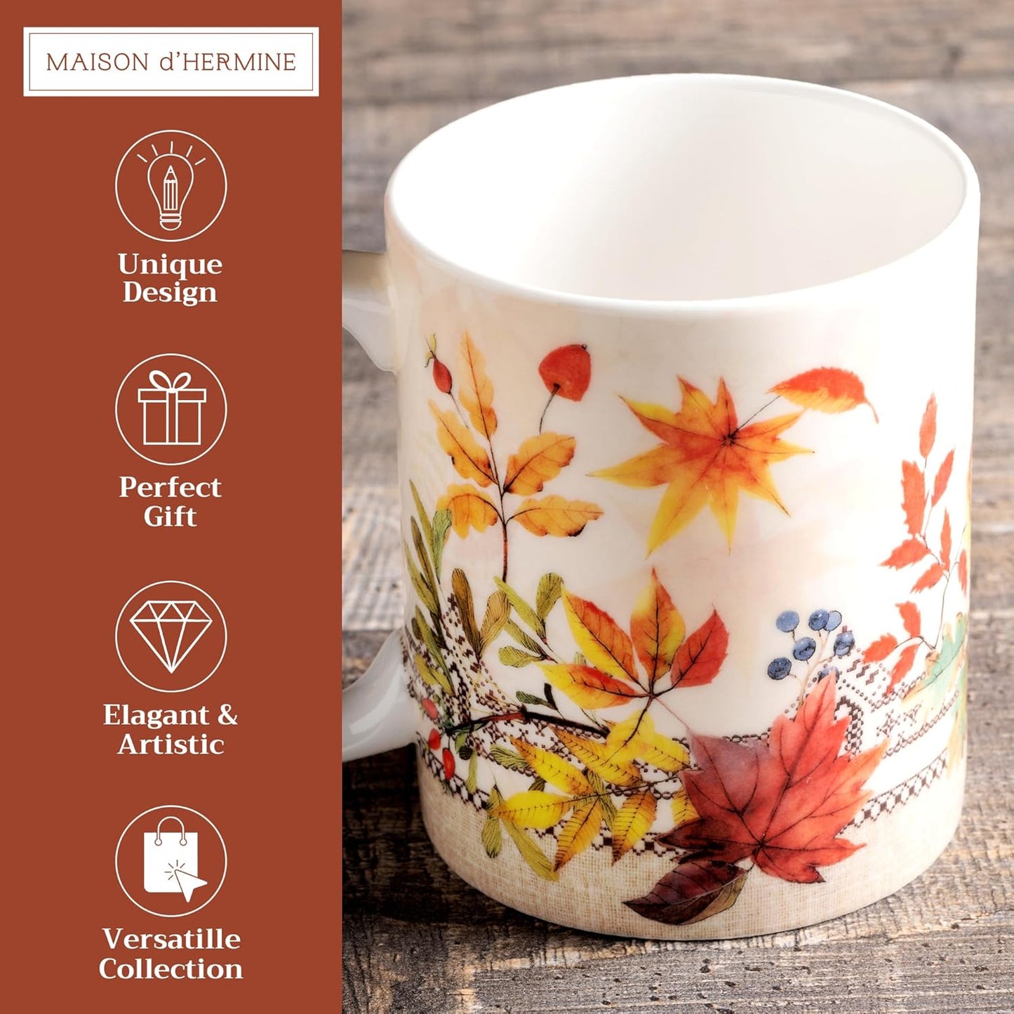 Maison d' Hermine Coffee Mug with Handles Fine Bone China Mugs Pack of One Tea Cups for Hot Beverages Cappuccino Latte Home Restaurant Office Perfect for Gift (Amarante - Charmille, 12 Ounce)