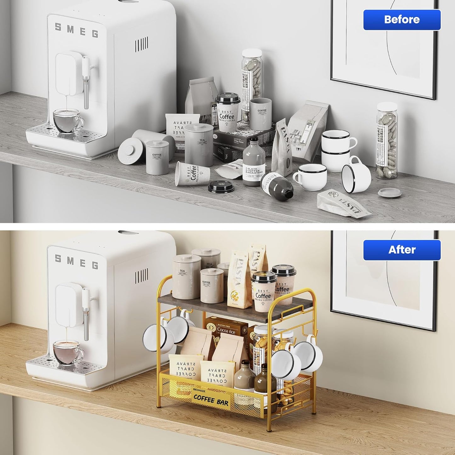 Coffee Bar Organizer for Countertop Station, Simple Assembly 2 Tier Shelf for Home,Office, Coffee Cup Holder Storage Organization for Counter Accessory Storage Rack with 4 Hooks Space-Saving