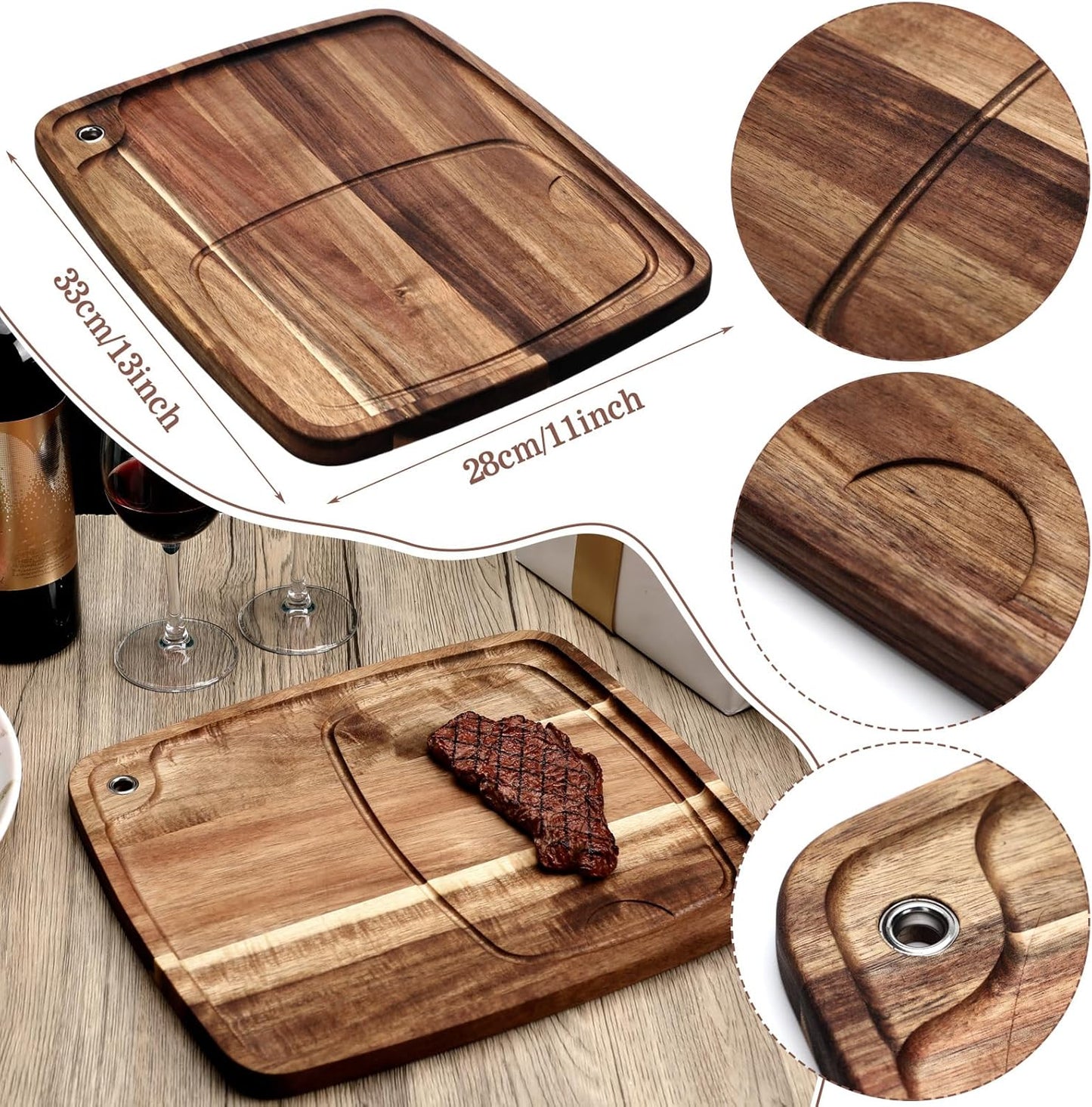 Uiifan 6 Pcs Steak Plates with Juice Channel Wooden Steak Board Set Acacia Cutting Serving Board for Home Serving Eating Meat Dishes Snack Dessert, 13 x 11 x 0.6 Inch