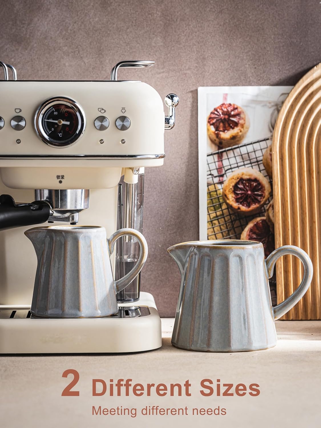 Ceramic Creamer Pitcher,17 Oz Coffee Creamer Container with Handle, Small Milk Pitcher Pourer for Sauces, Salad, Gray