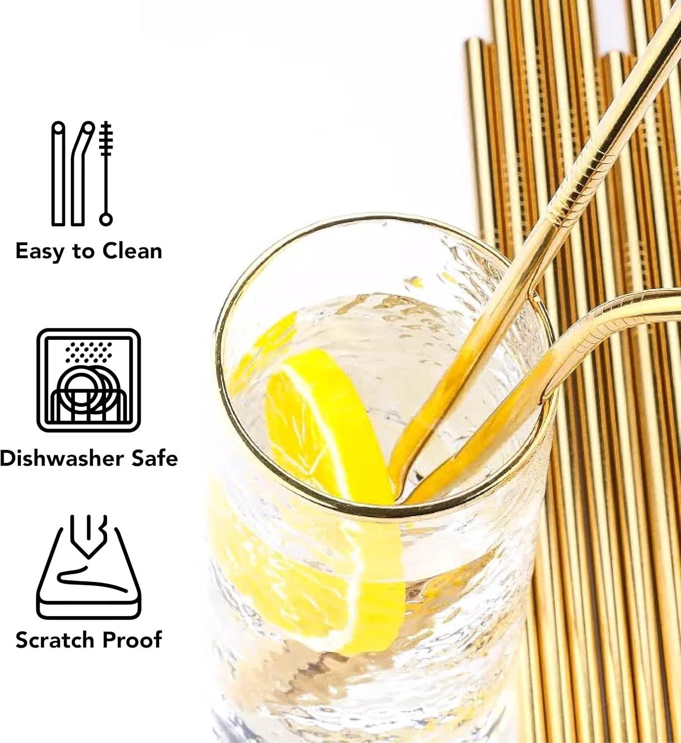 Gold stainless steel Reusable Straws-8.5" Set for smoothies, Juices &Coffee - 6-pack with Cleaning brush - Eco-Freiendly, Durable & Elegant Design