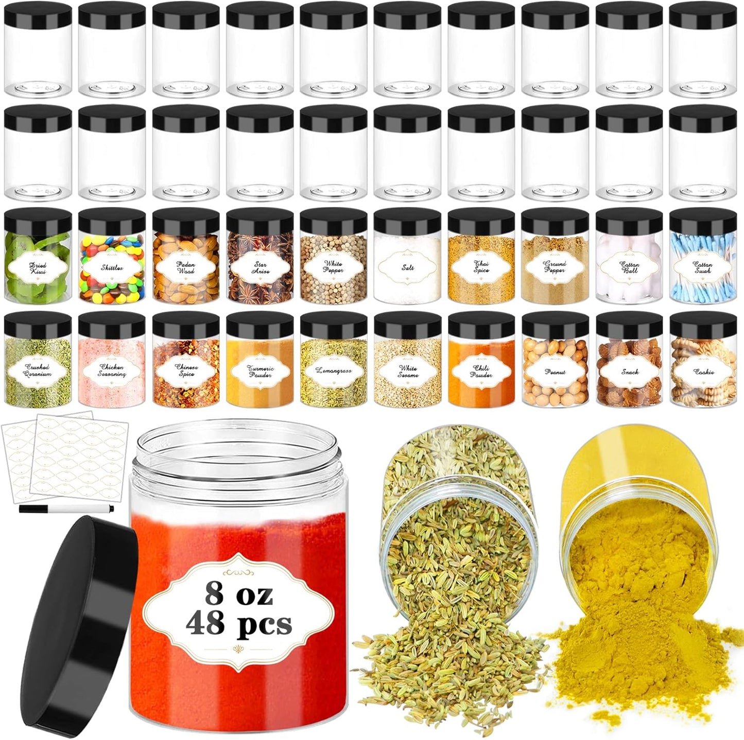 8 OZ Plastic Jars with Lids, Slime Containers with Lids 48 Pcs Airtight Round Plastic Storage Jars Wide-Mouth Containers for Slime, Kitchen and Household Food Storage of Dry Goods