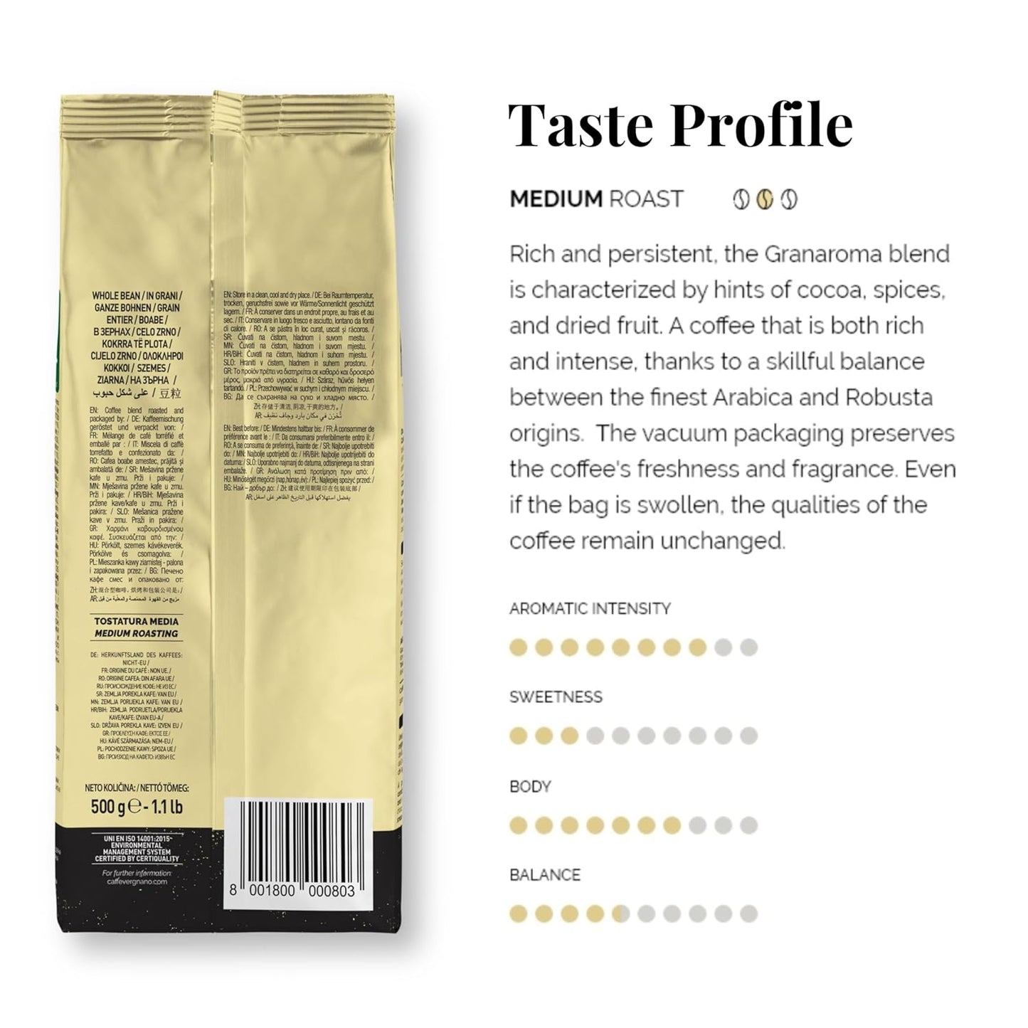 Caffe Vergnano 1882 Gran Aroma Whole Bean Arabica Medium Espresso Roast Coffee, Italian Coffee Beans Notes of Cocoa, Spices and Dried, Intensity 8/10, 3.3 lbs