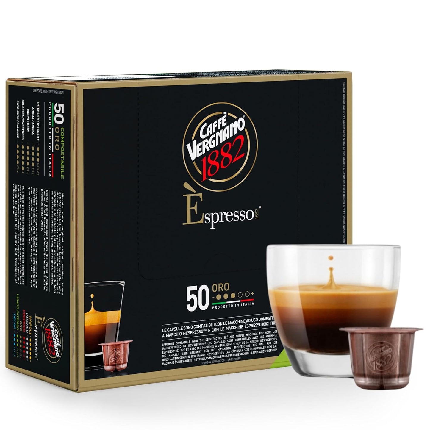 Caffe' Vergnano 1882 Medium Roast Arabica Robusta Espresso Original Line Machine Compatible Capsules, Single-Serve Italian Coffee for Nespresso Machines, Intensity 4/10, Oro, 50 Ct