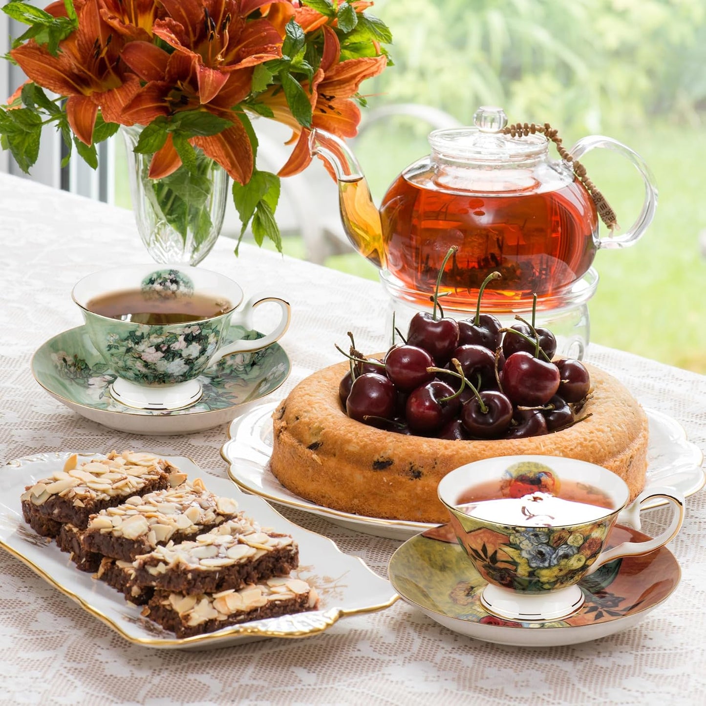 Floral Tea Cups Saucers Set of 2, Van Gogh Paintings Bone China 7 oz British Teacups Porcelain Tea Cups Coffee for Rose Teacups Cappuccino Espresso Latte (White Roses & Flowers Vase)