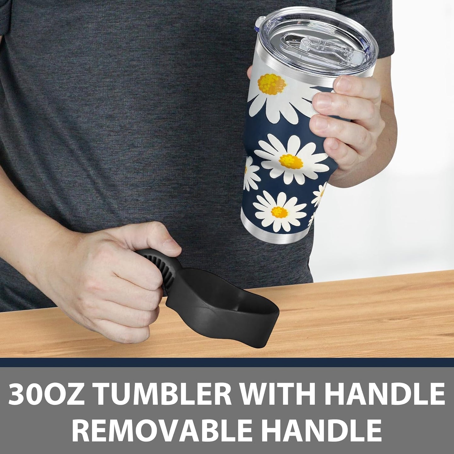 WETOWETO 30 oz Tumbler Stainless Steel Vacuum Insulated Coffee Cup with Handle, Double Wall Vacuum Coffee Tumbler for Hot and Cold drinks, Suitable for Beach, Travel (Daisy Flower, 1 Pack)