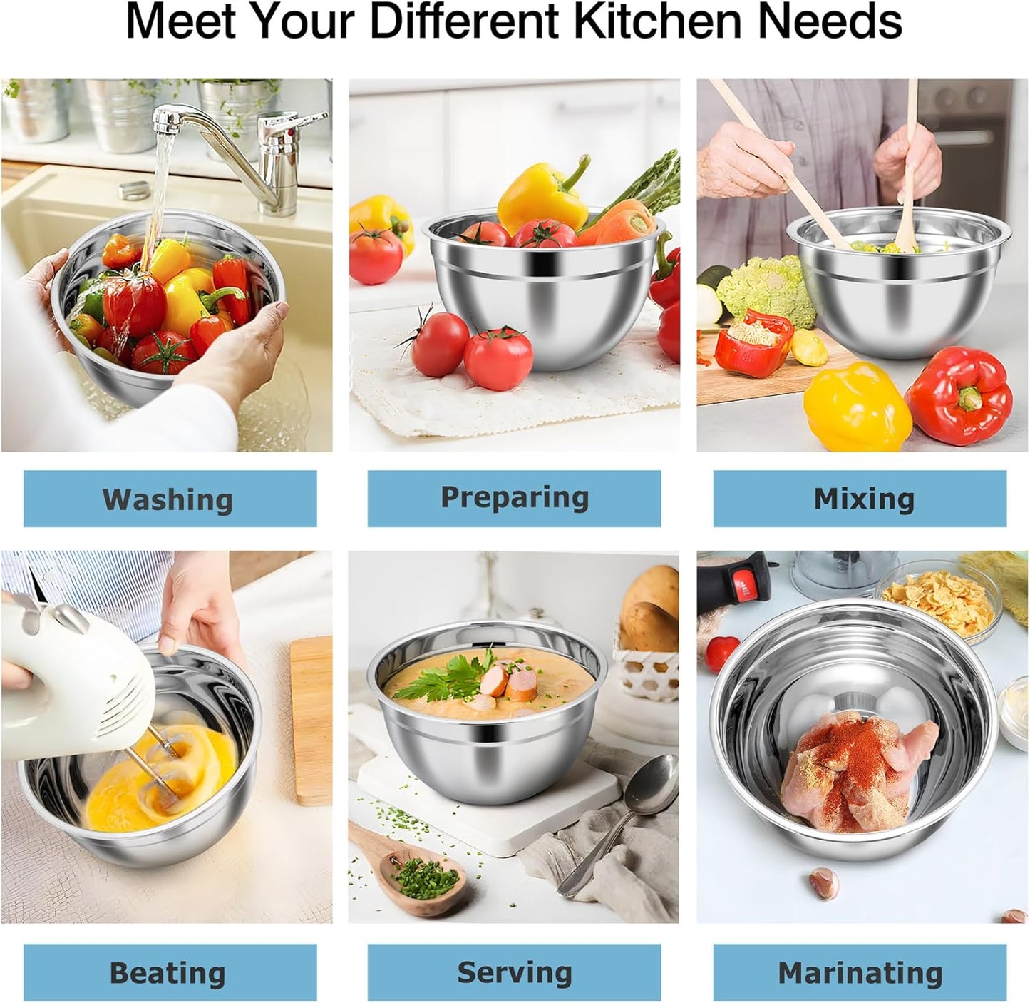 TeamFar Mixing Bowls, 4.6/3 / 1.5 QT, Stainless Steel Nesting Salad Bowls with Airtight Lids Set, For Serving/Mixing/Storing, Healthy & Long-lasting, Dishwasher Safe & Easy Clean, Black