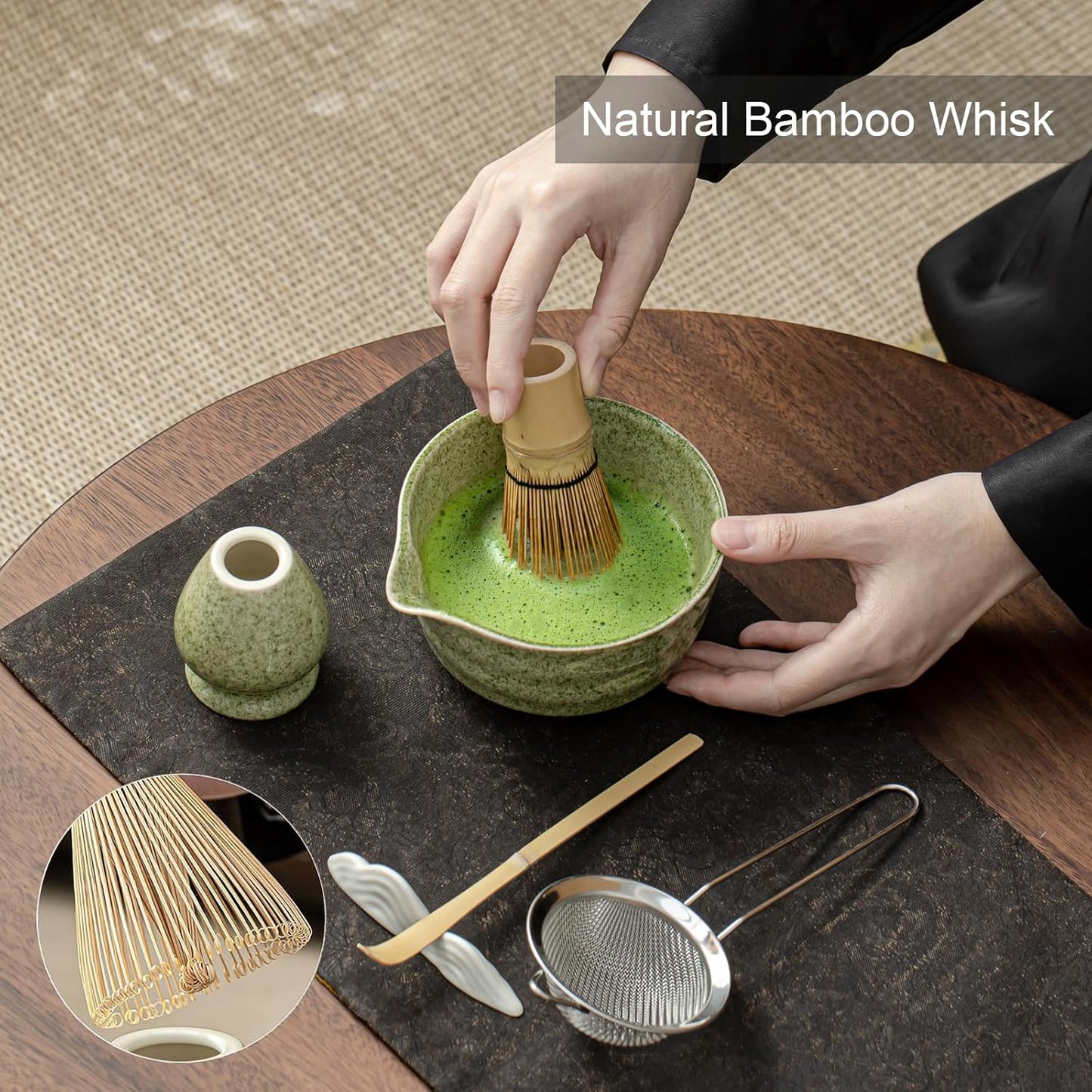 Matcha Set, Matcha Whisk Set Includes Matcha Bowl with Spout, Bamboo Whisk, Matcha Whisk Holder, Sifter, Scoop, Spoon Holder, Tea Towel- 7pcs Perfect Matcha Kit for Matcha Tea Ceremony (Jade Green)