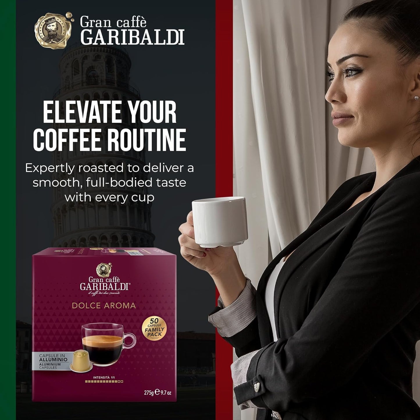 Gran Caffè Garibaldi Espresso Pods, Italian Roasted Coffee, Compatible Nespresso Original Line Machines, Nitrogen Flushed, Full-Bodied Crema, Almond & Dried Fruit - Dolce Aroma 50 Aluminum Cups