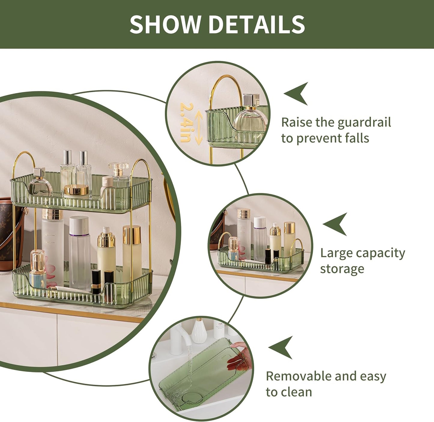 YCIA&DONE Bathroom Organizer Countertop, Makeup Storage, Skincare Cosmetic Tray Shelf, Perfume Holder Rack for Vanity Counter, Large Capacity, Easy to Install, Clean, 2 Tiers, Vintage Green