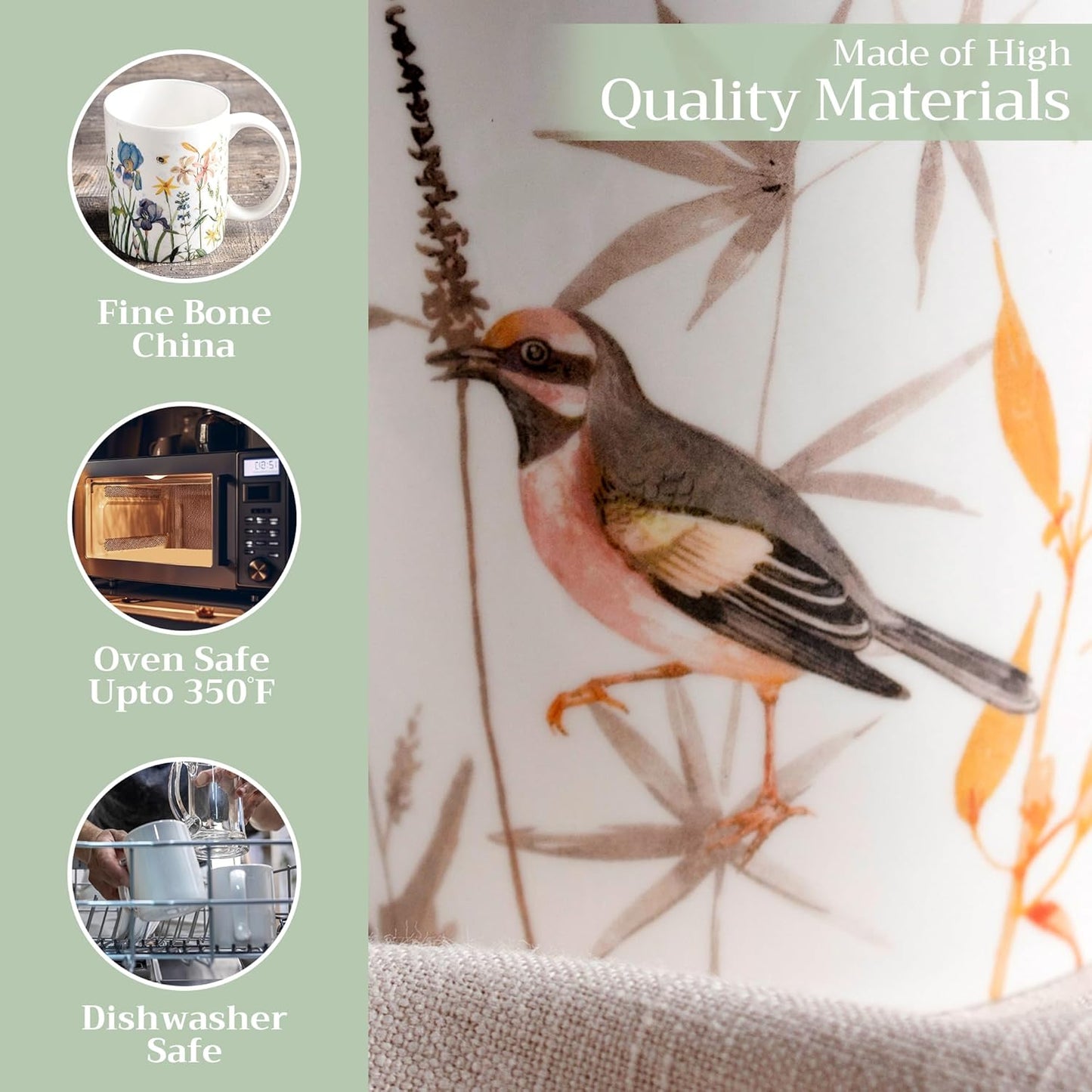 Maison d' Hermine Coffee Mug with Handles Fine Bone China Mugs Pack of Two Tea Cups for Hot Beverages Cappuccino Latte Home Restaurant Office Perfect for Gift (Meadow Florals, 15 Ounce)