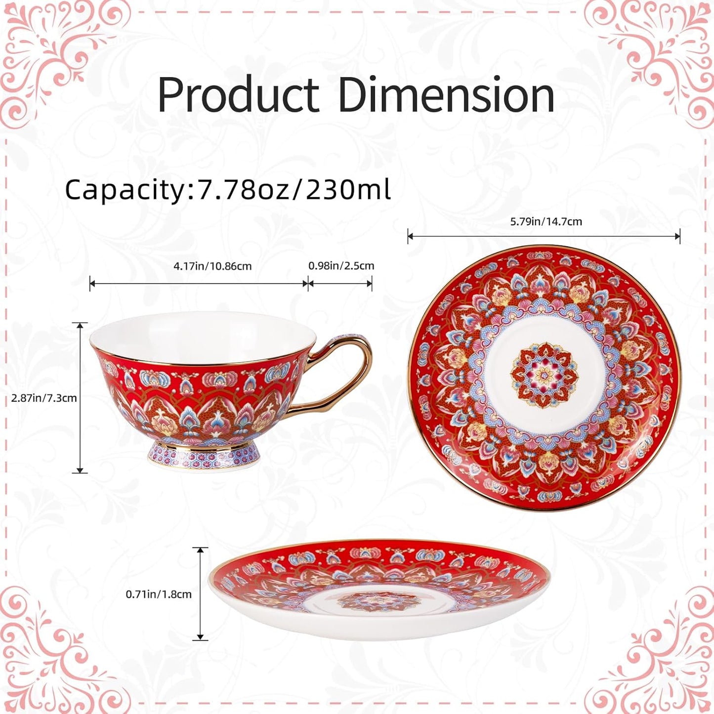 KAMMAK Tea Cups and Saucers Set of 2, Porcelain Coffee Cups with Saucer for Espresso, Cappuccino, 8oz Vintage Red and Blue Ceramic Demitasse Mug for Home, Tea Party, Office