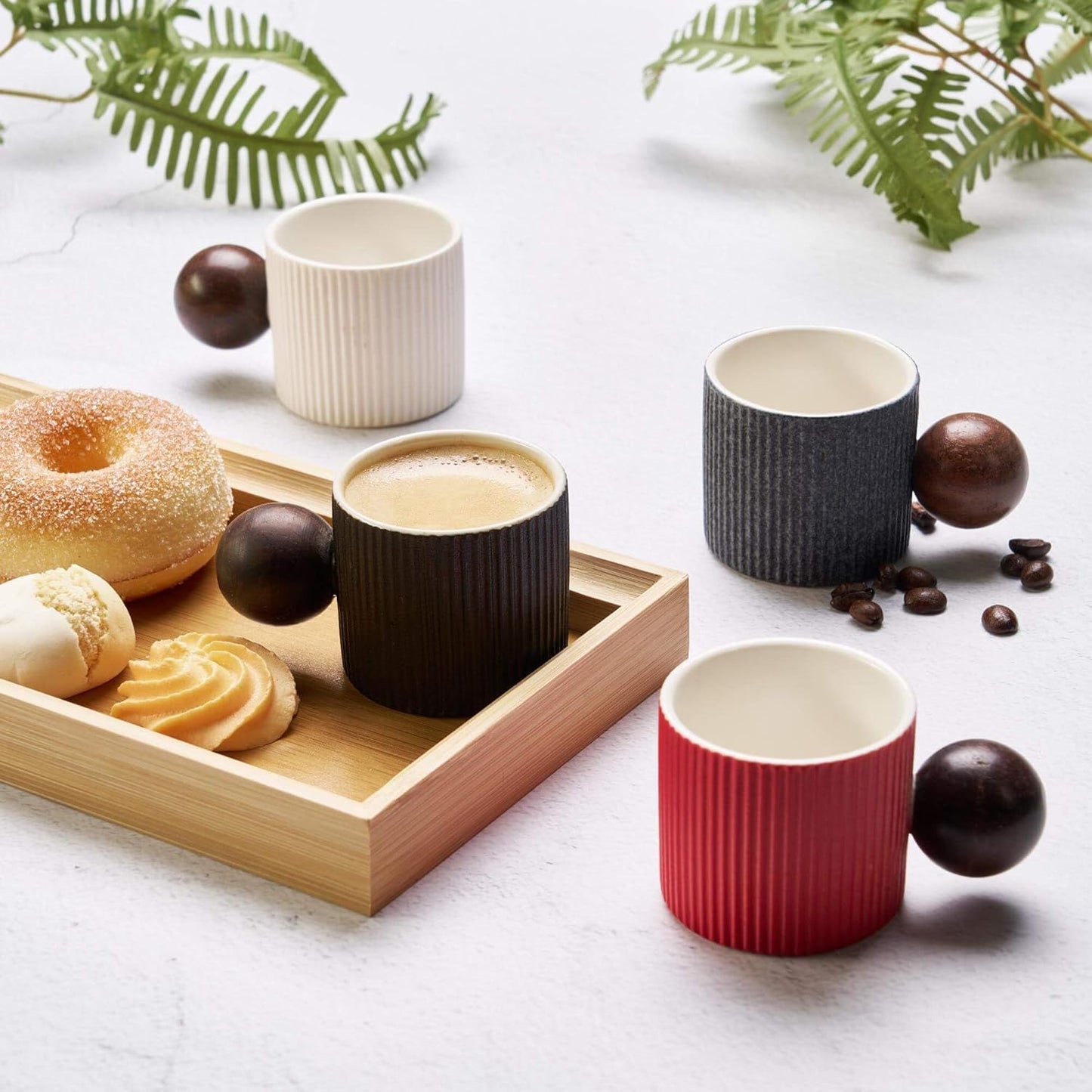 Ceramic Mini Espresso Cups Demitasse Cups with Round Wooden Handle Vertical Stripes Tea Cups (black, 2pcs)