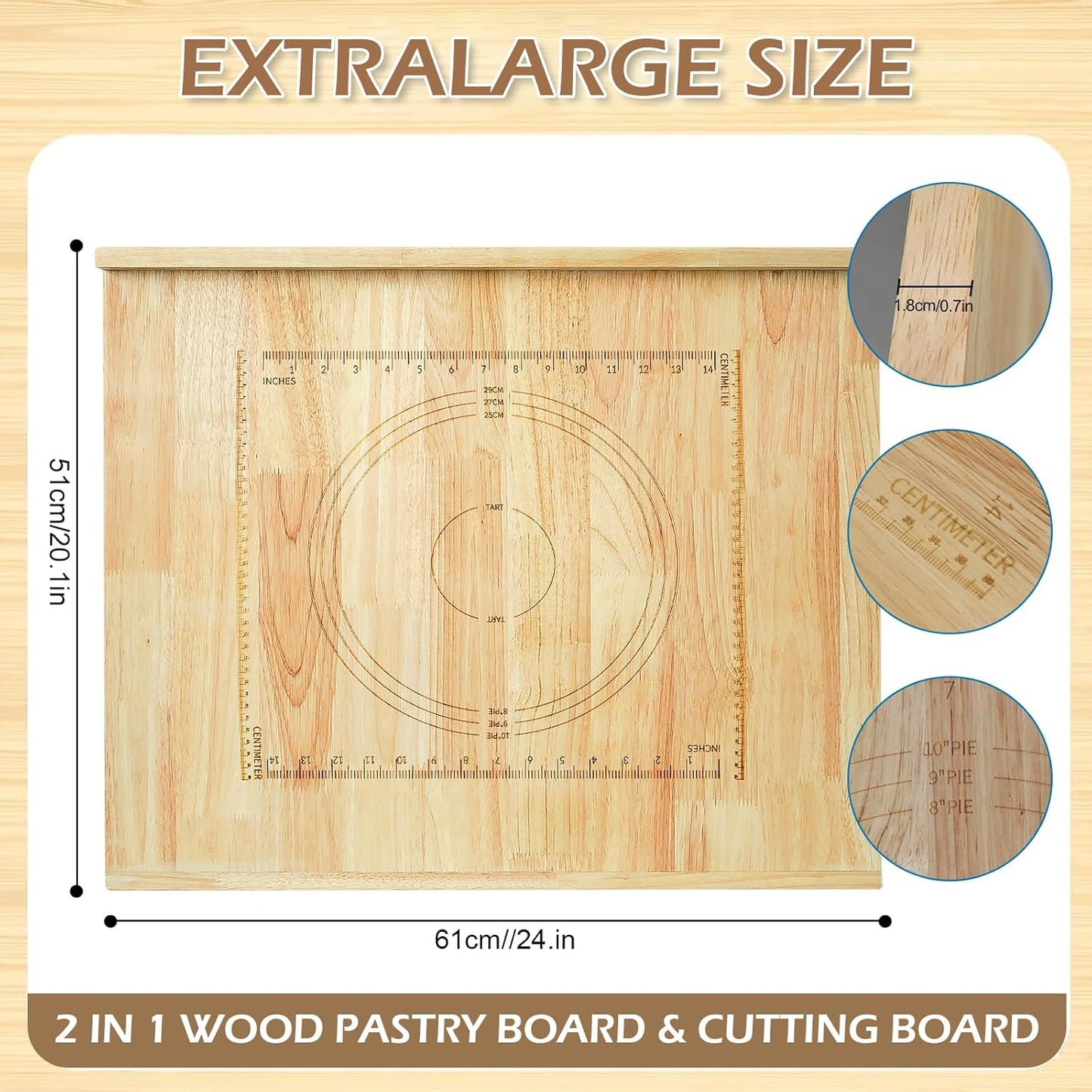Reversible Wooden Pastry Board, 24" x 20" Wooden Cutting Board with Lip, Pastry Board Cutting Board Chopping Board Pie Board with Engraved Ruler for Counter Top Kitchen