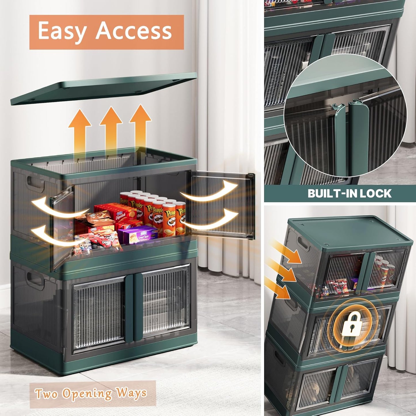 19Gal Collapsible Storage Bins with Lids & Wheels - 2 Pack Stackable with Doors, Heavy-Duty Plastic Containers for Home/Office, Green