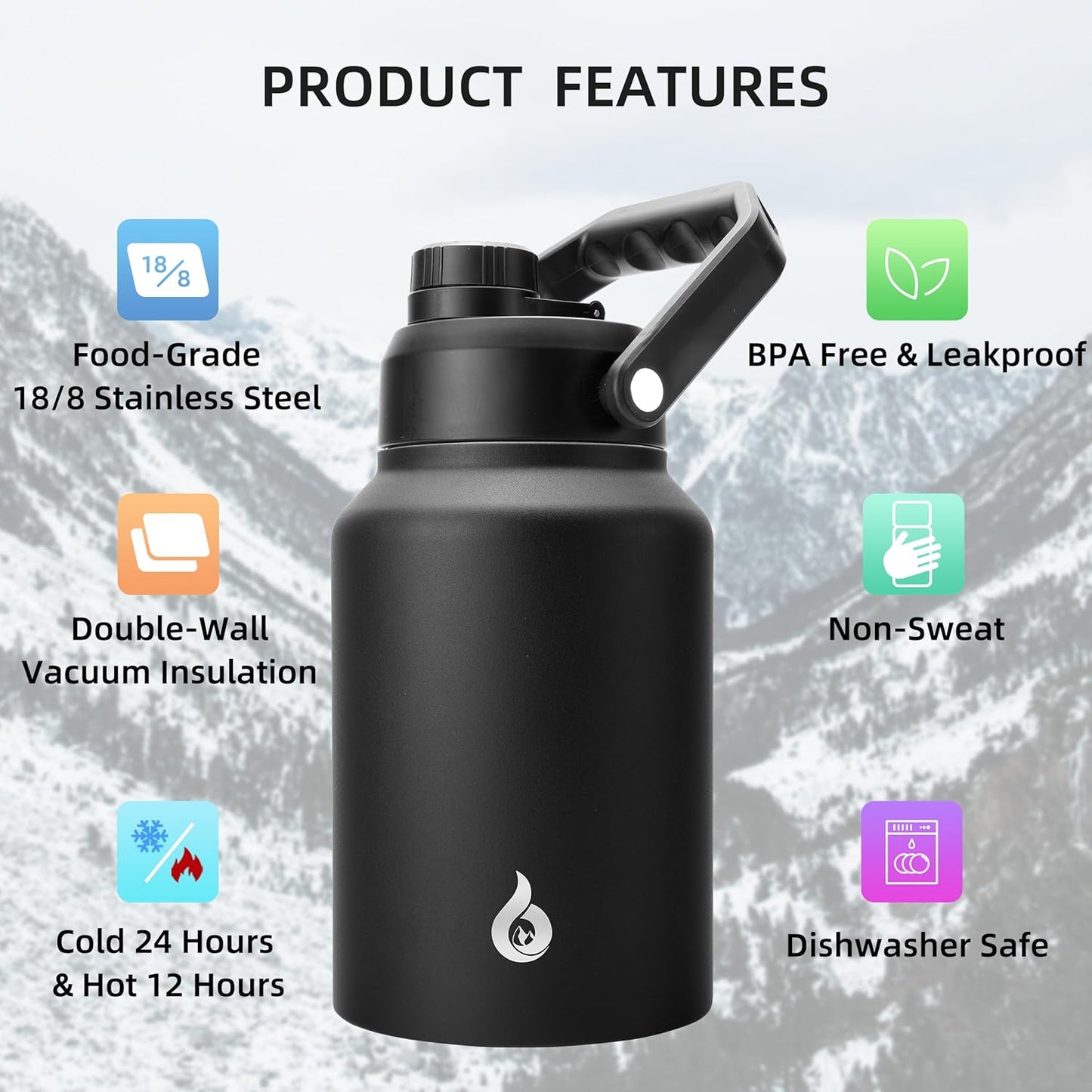 BJPKPK 64 oz Insulated Water Bottle, Dishwasher Safe Half Gallon Water Bottle with Ergonomic Handle, BPA Free Leak Proof Water Jug for Sports, Metal Thermos with Anti-slip Bottom, Black