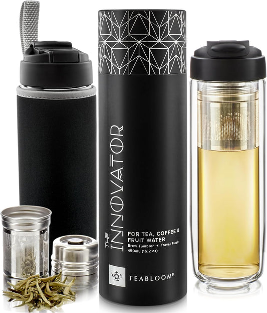 Teabloom Travel Tea Infusing Cup – Insulated Borosilicate Glass Bottle with Magnetic Controlled Infuser and Flip Lid for Hot Tea, Cold-brew Coffee, Fruit Water – The Innovator Tumbler (15oz/450ml)
