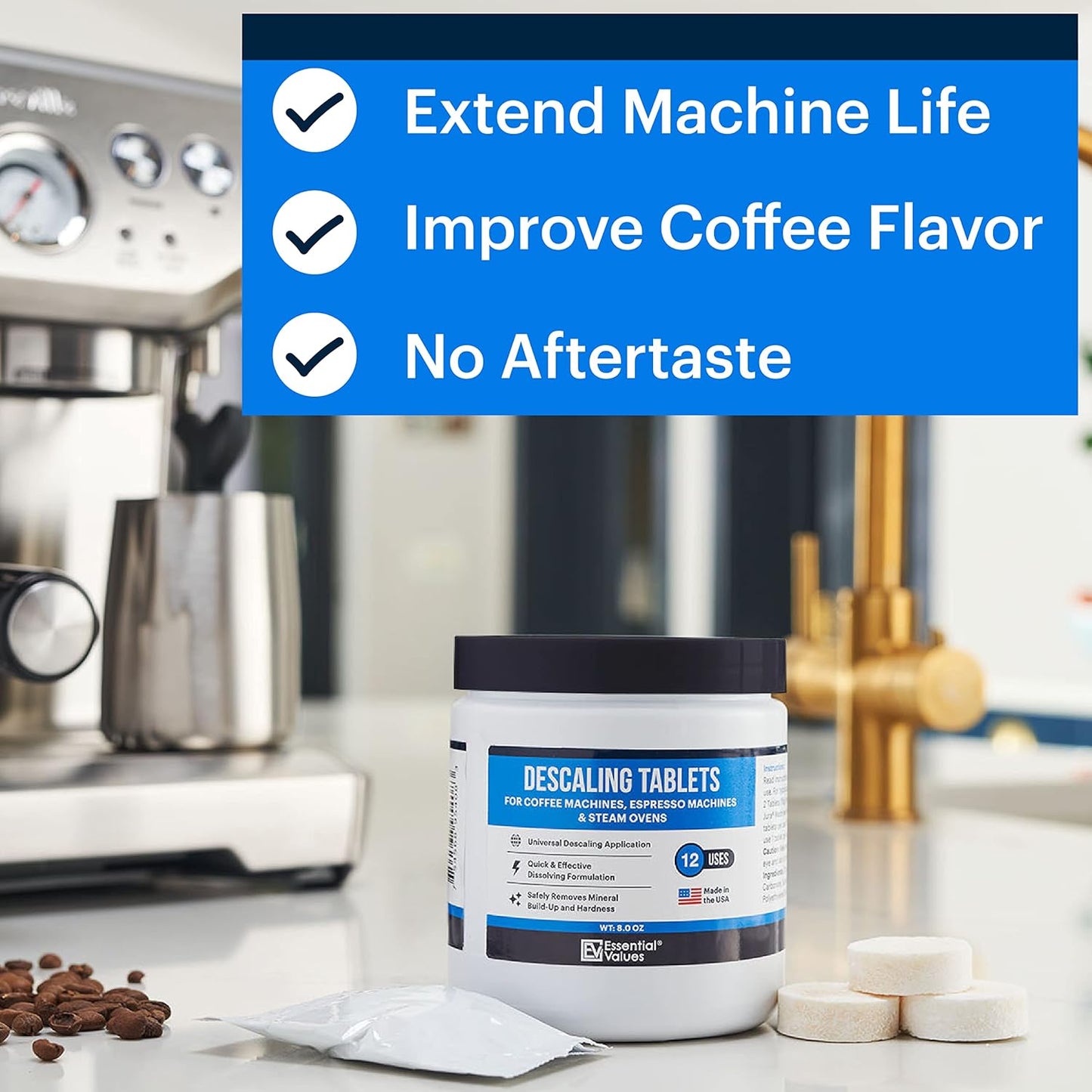 Essential Values Descaling Tablets (12 Count/Up to 12 Uses) for Jura, Miele, Bosch, Tassimo Espresso Machines and Miele Steam Ovens (1 Pack)