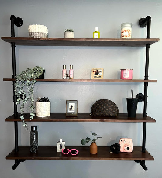 Industrial Pipe Wall Shelves Pipe Shelving with Real Wood Plank,48 Inches Floating Shelves for Wall Farmhouse Pipe Book Shelves Dark Brown 4 Tier for Kitchen,Living Room Decor and Bar Shelving