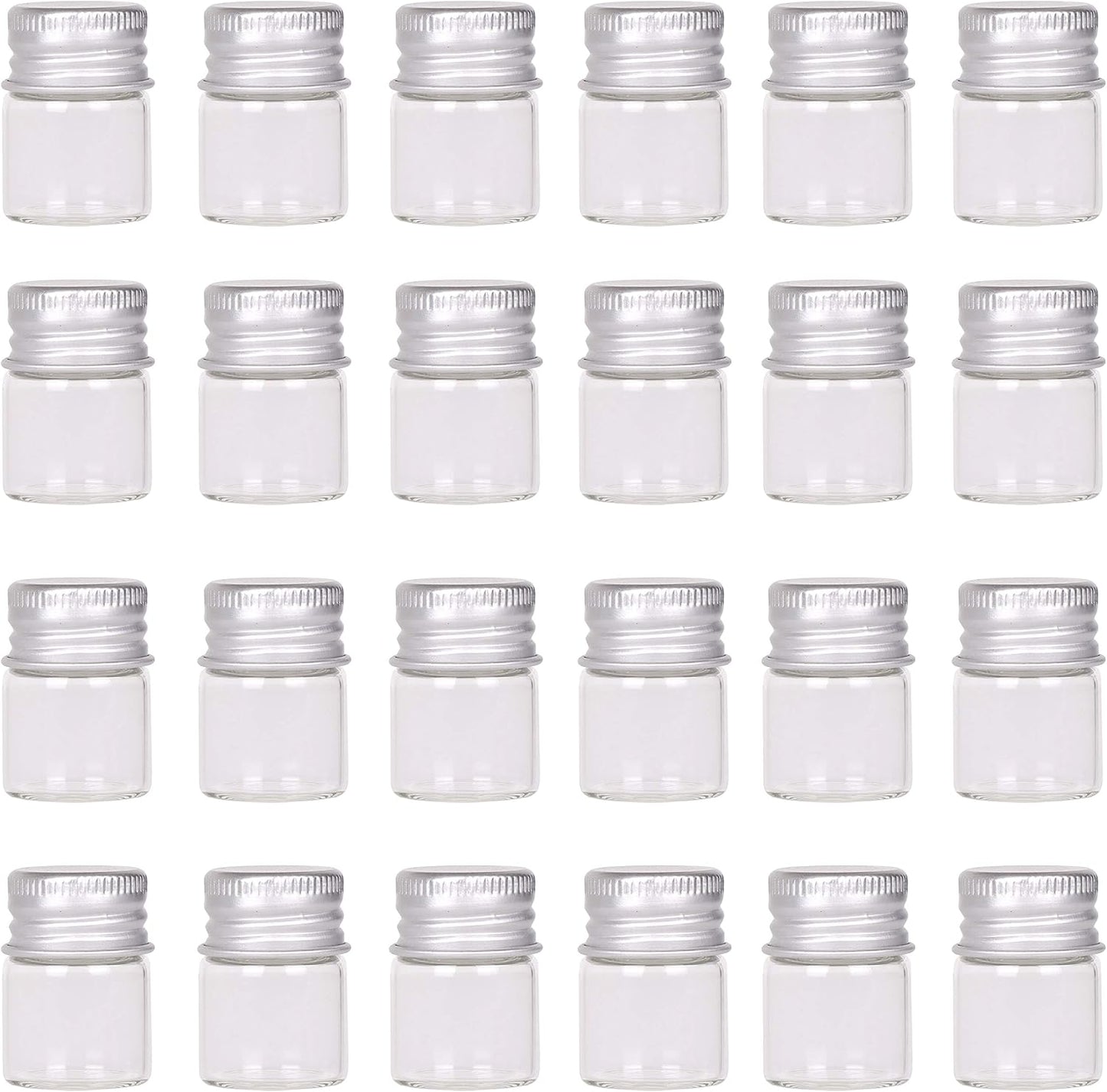 MaxMau Mini Glass Bottles with Screw Caps 5ml 24 Sets Aluminum Top Metal Lids 5 Milliliter Tiny Vials Small Jars DIY Storage Art Craft Decor