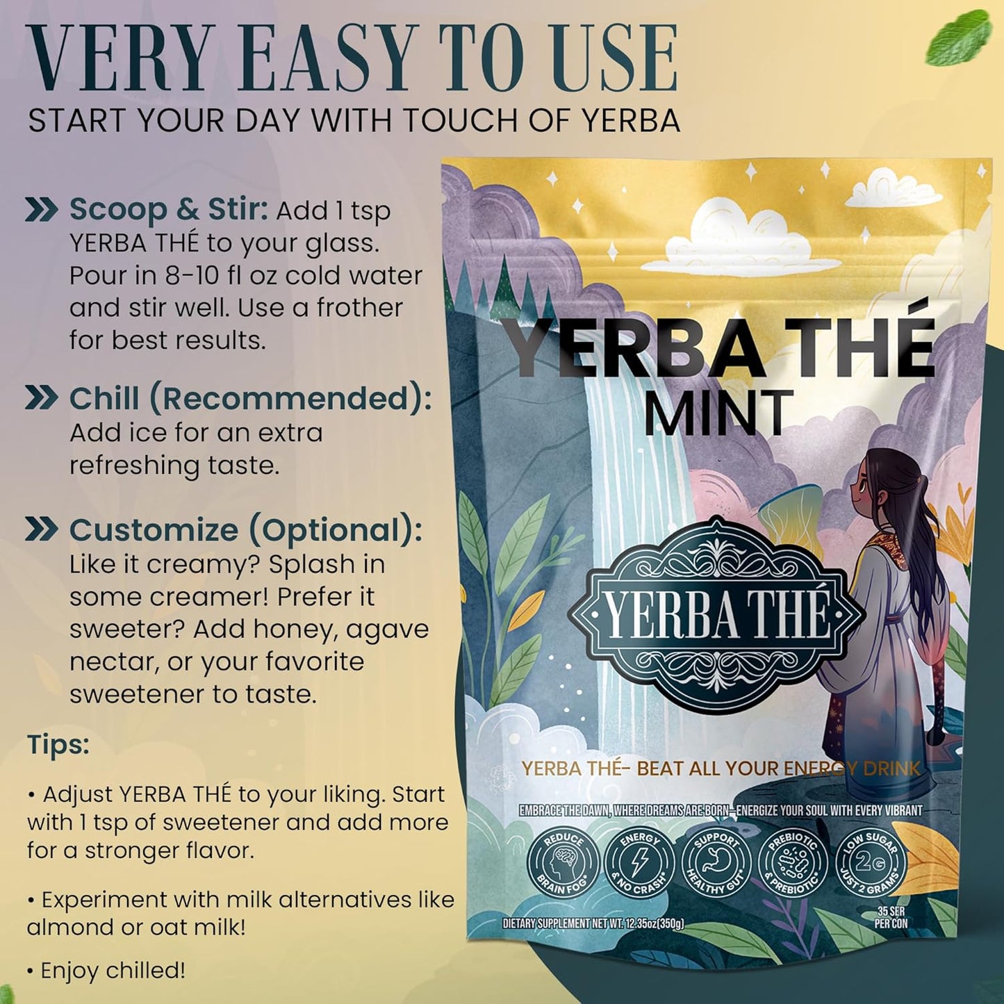 Ancient Diosa - Yerba Mate Tea Powder 350g, 35-Servings - Mint Flavor Clean Energy Drink Superfood - Support Gut Health with Probiotics and Prebiotics, Reduce Brain Fog, Relaxation and Focus Blend