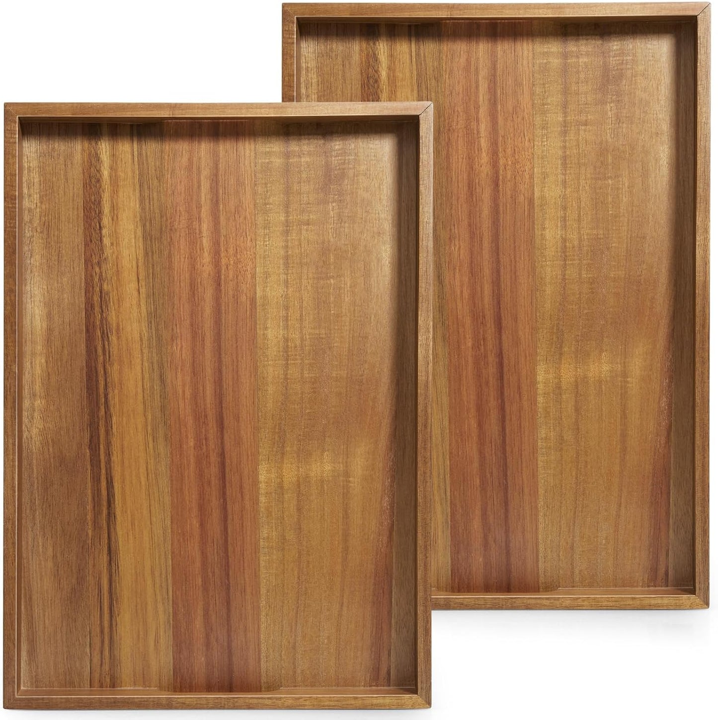 Set of 2 Acacia Wood Serving Tray with Handles, 17 Inch Large Wooden Tray for Ottoman, Breakfast in Bed, Coffee Table, Dinner, Perfect for Living Room Bedroom Entryway and Kitchen