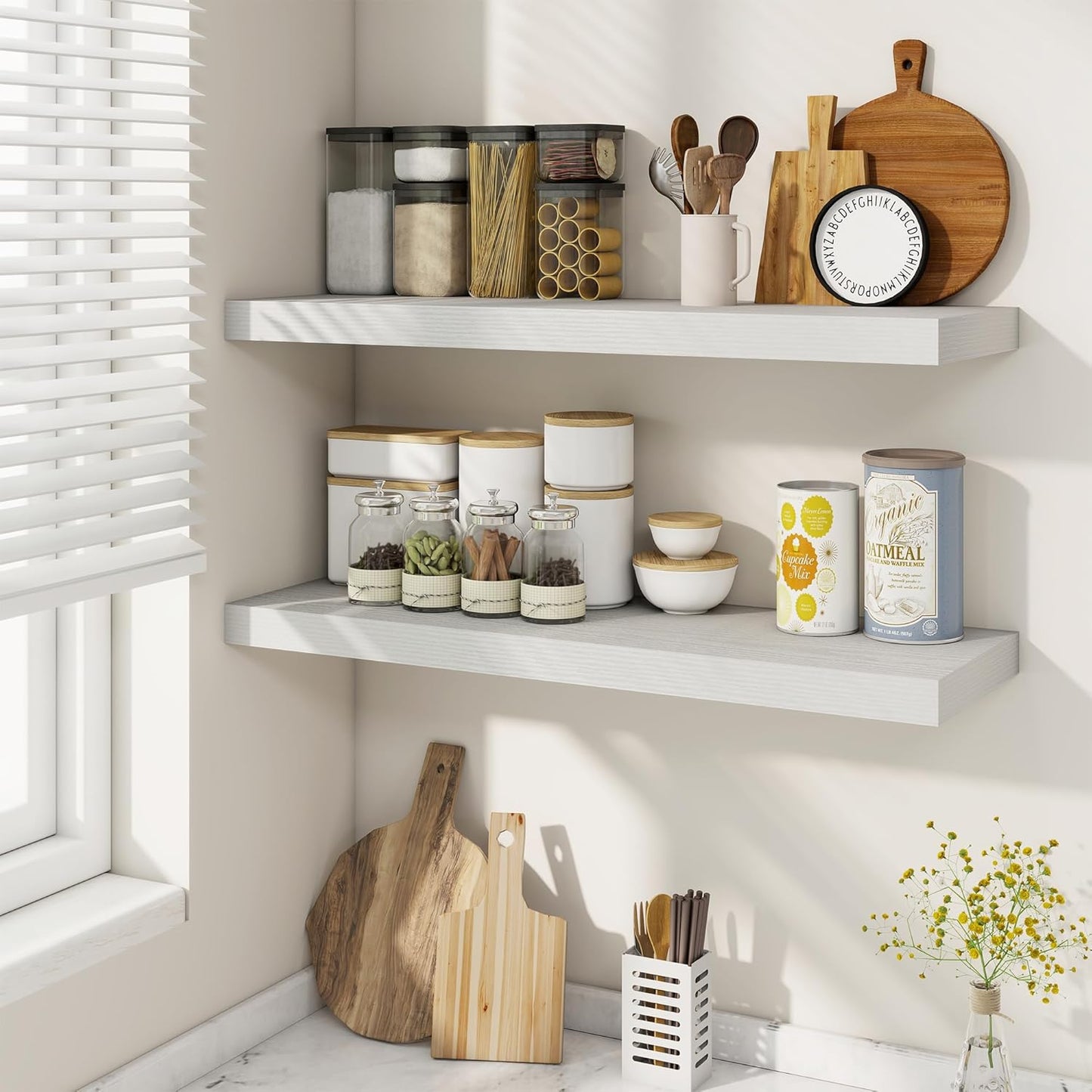 Fun Memories 30 Inch Floating Shelves for Wall, 9 Inch Deep White Rustic Wood Wall Mounted Shelves for Bathroom, Bedroom, Living Room, Set of 2