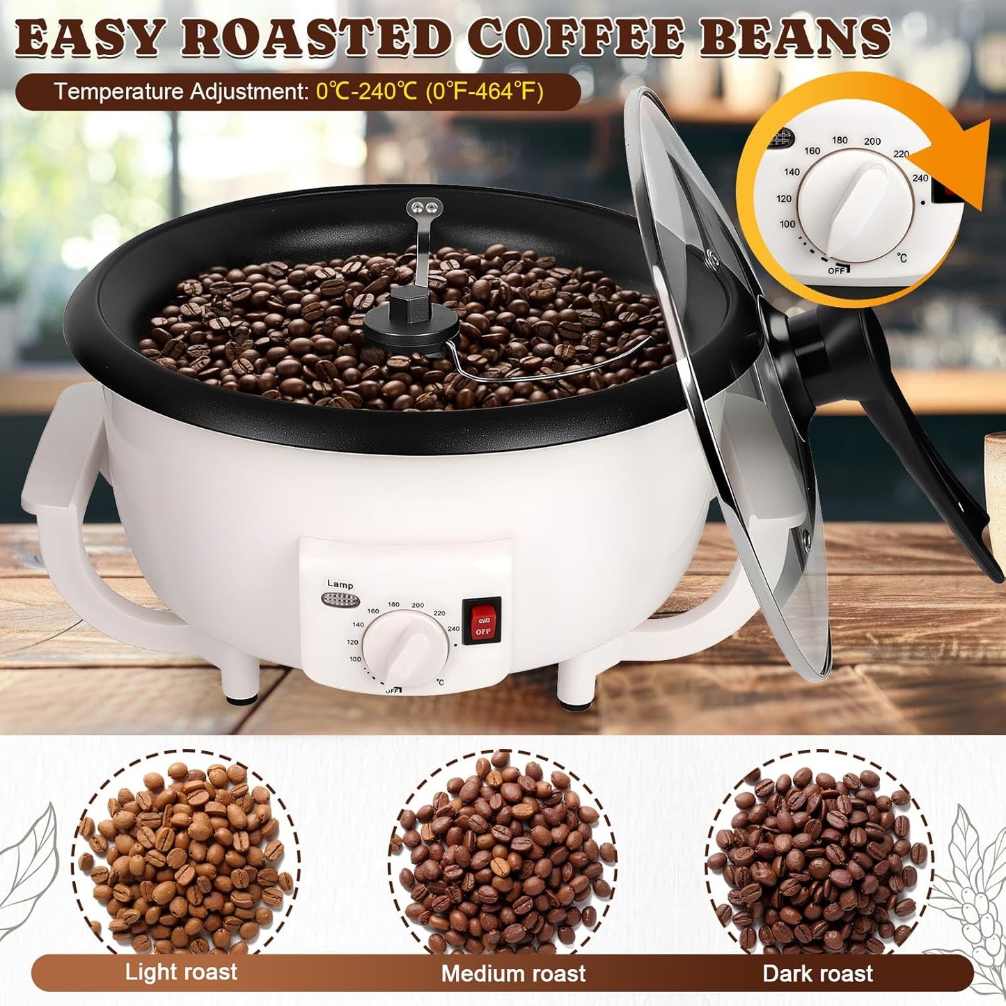 DIYAREA Coffee Roaster Machine for Home Use, 800g Capacity Electric Coffee Bean Roaster Machine with Timer 0-240℃ Non-Stick for Cafe Shop, Nut, Peanut, Black Bean, Soybeans 110V 1200W1