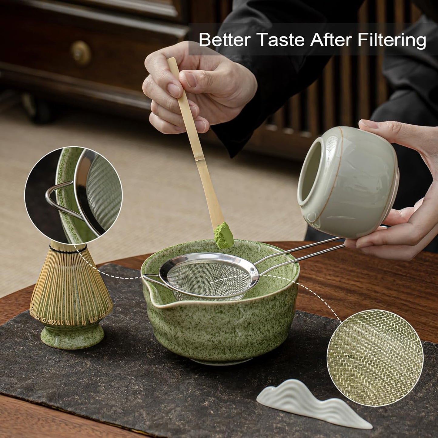 Matcha Set, Matcha Whisk Set Includes Matcha Bowl with Spout, Bamboo Whisk, Matcha Whisk Holder, Sifter, Scoop, Spoon Holder, Tea Towel- 7pcs Perfect Matcha Kit for Matcha Tea Ceremony (Jade Green)